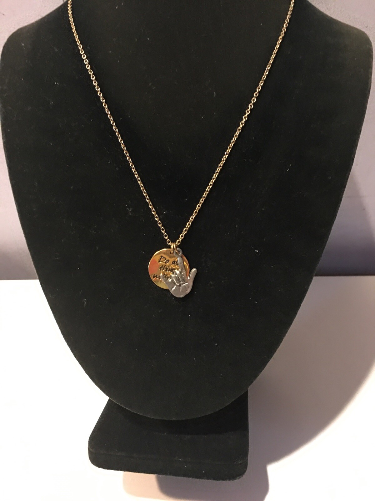 LEILA JEWELRY X 2 CHARMS ON GOLD TONE CHAIN NECKLACE ” DO ALL THINGS WITH LOVE”