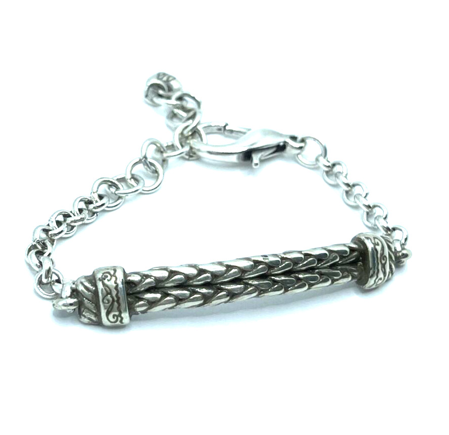 Brighton Braided Etched Curved Bar Attached to Rolo Chain Bracelet 6.5-7.5 Inch