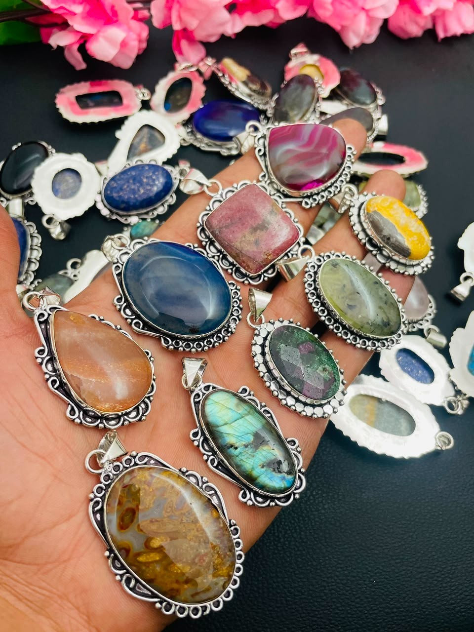 Boho Style/Silver Plated Pendant Lot/Multi Gemstone Pendant Jewelry For Love~