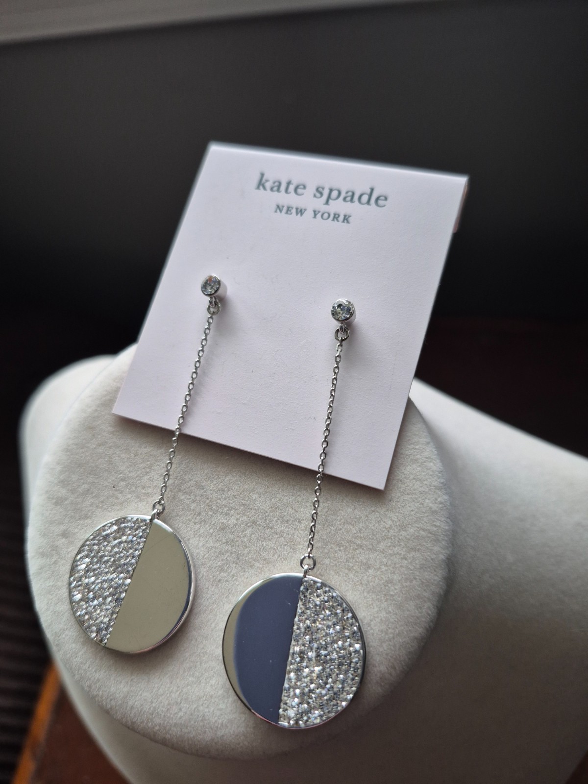 Kate Spade Scallop pave linear Mod round dangle earrings silvertone