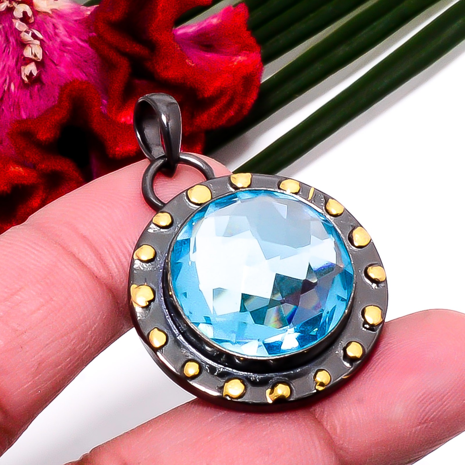Blue Topaz Black And Gold Plated Designer 925 Sterling Silver Pendant 1.64″ Su45