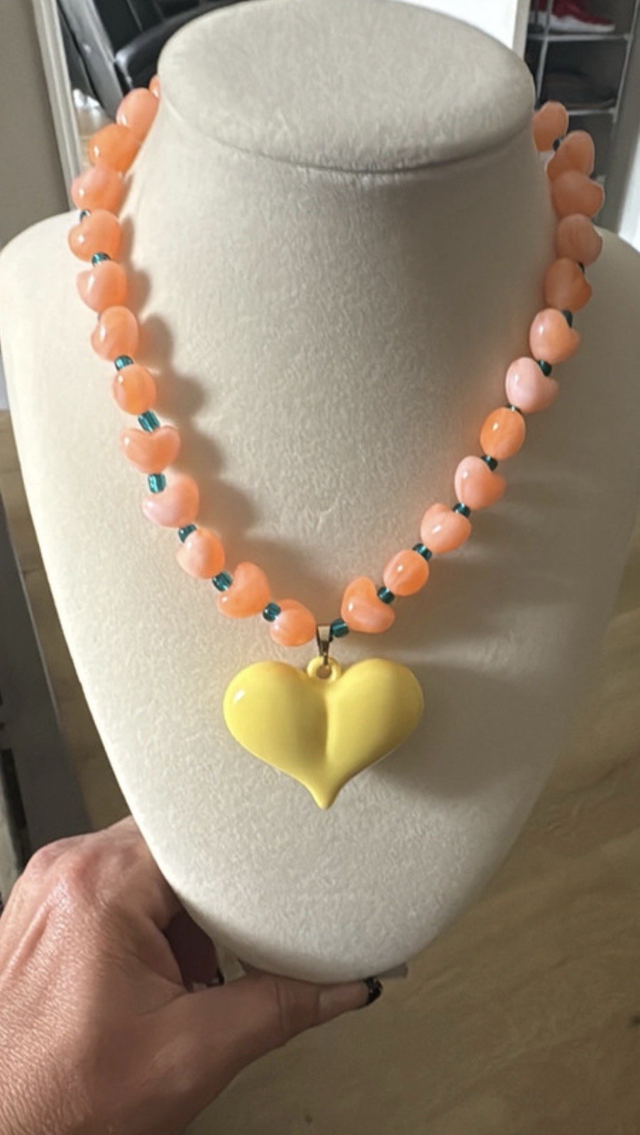 Multicolor Acrylic Beaded Necklace w/ Heart Charm Pendant, Lobster Clasp