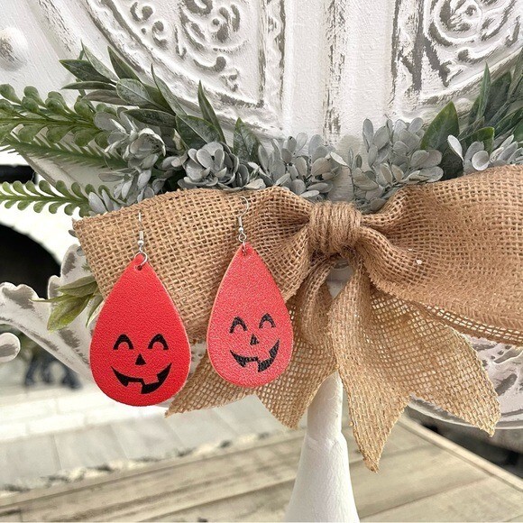 Halloween Faux Leather Teardrop Dangle Earrings Jack-o-Lantern Pumpkins