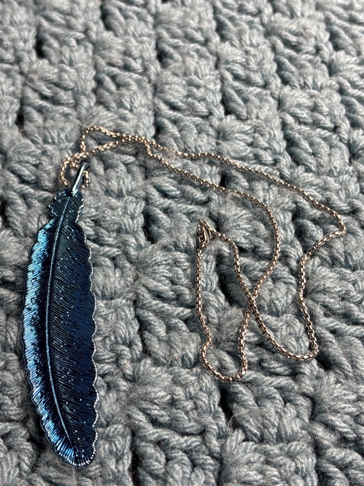 Blue Metal Feather Pendant Necklace Silvertone Box Chain 19 inches Long