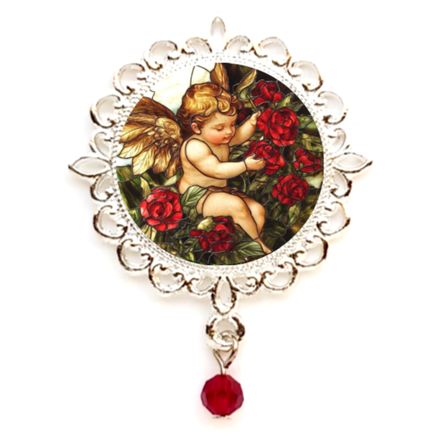 Valentine’s Day Cherub & Roses Brooch/Pin Silver, Gold and Rose Gold Tone USA