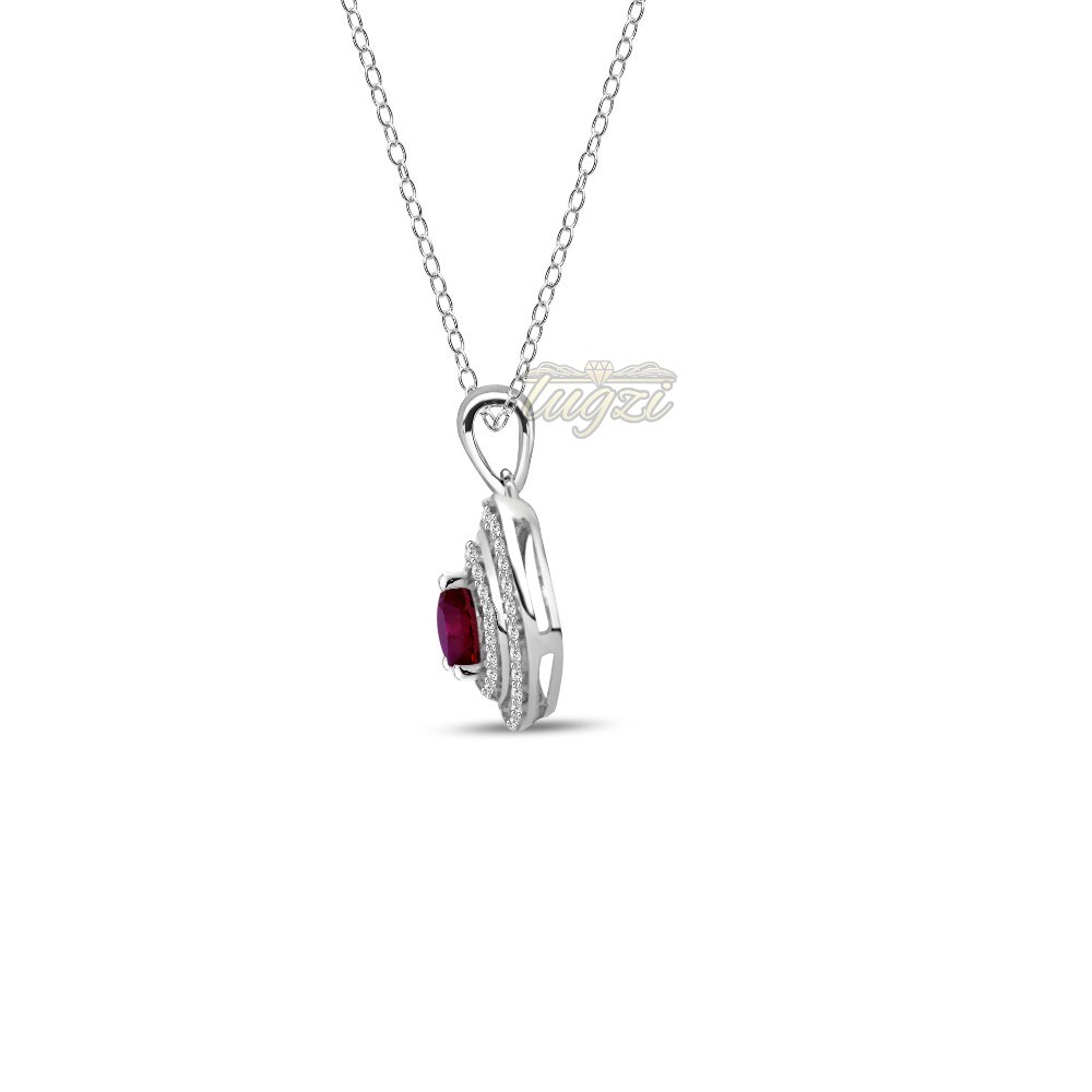 🔥$499-💥1.50CT Natural Ruby & White Topaz Halo Pendant Necklace🔥 SS/14K PL 925