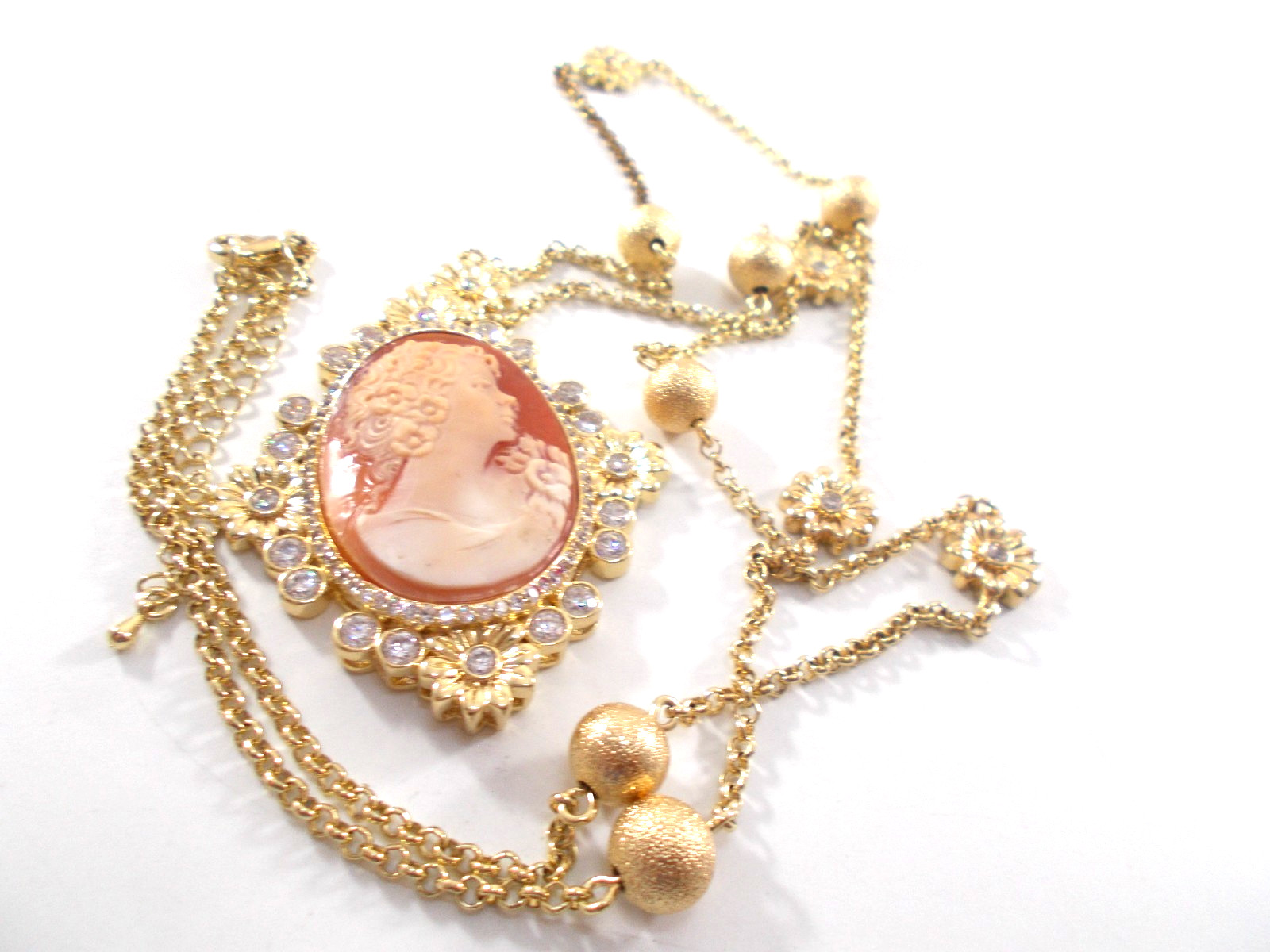 Amedeo NYC Carved Shell Cameo Pendant Necklace Rhinestone & Flower Accents