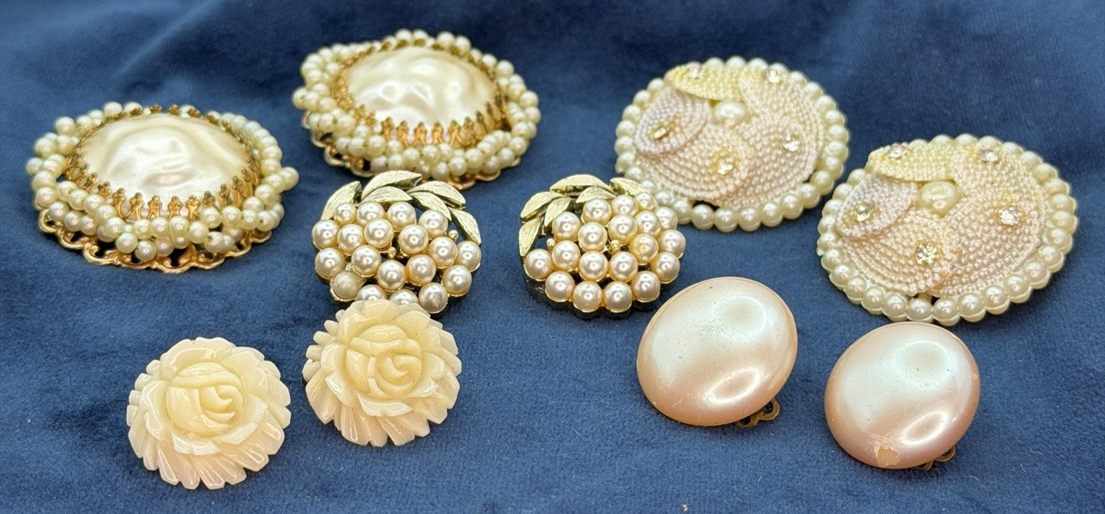 Vintage All Pearl Earrings Jewelry Lot Clip On 5 Pairs Lisner Japan Rose Leaves