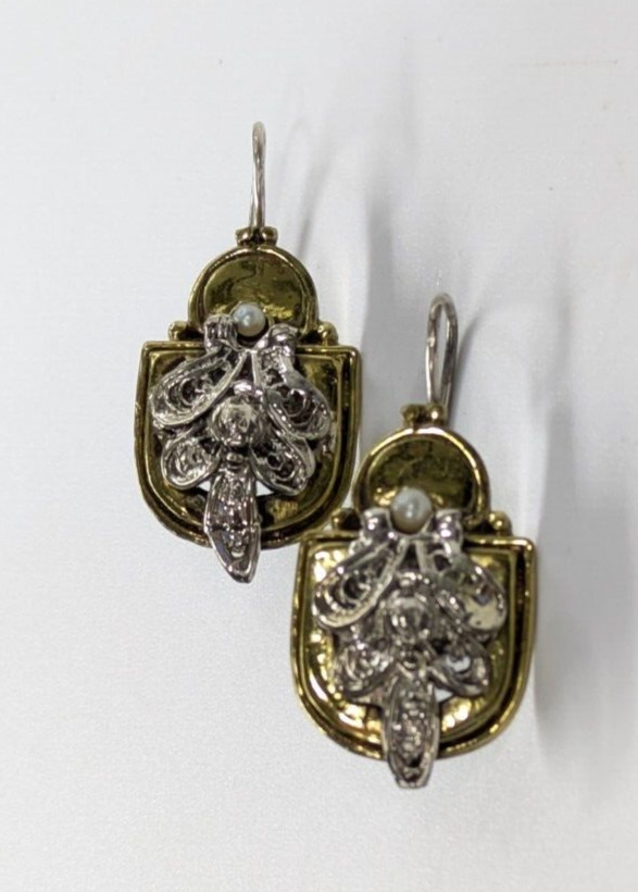 Artisan Handmade Brass & Sterling Seed Pearl Regal Style 1 5/8″ Pierced Earrings