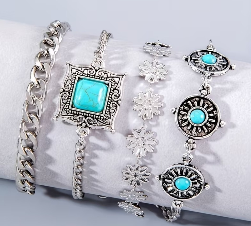 Silver-Tone Turquoise Bracelet Jewelry Set, Square Stone, Floral Links