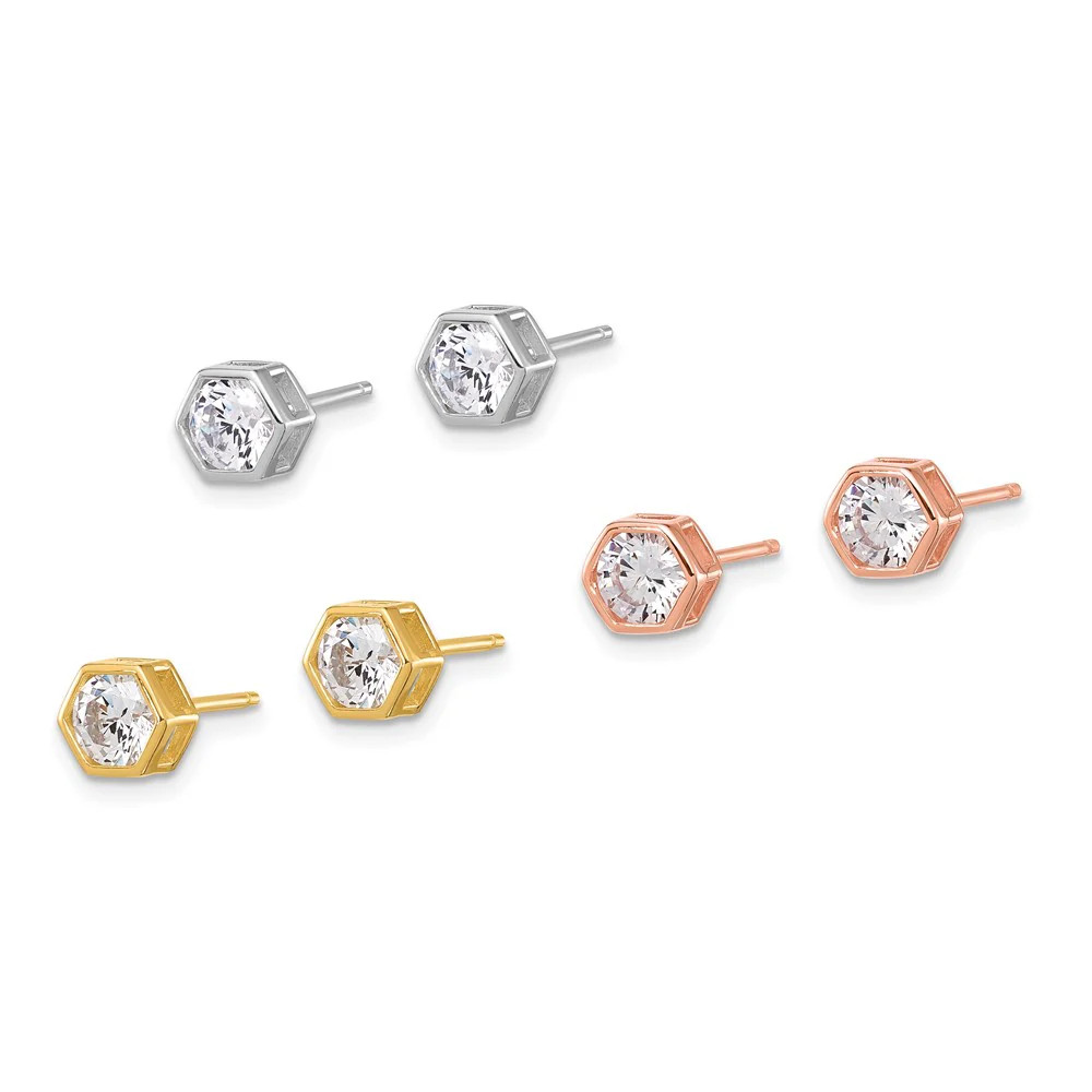 Sterling Silver RH-Plated Rose And Gold-Tone CZ Set Of 3 Post Earring Set