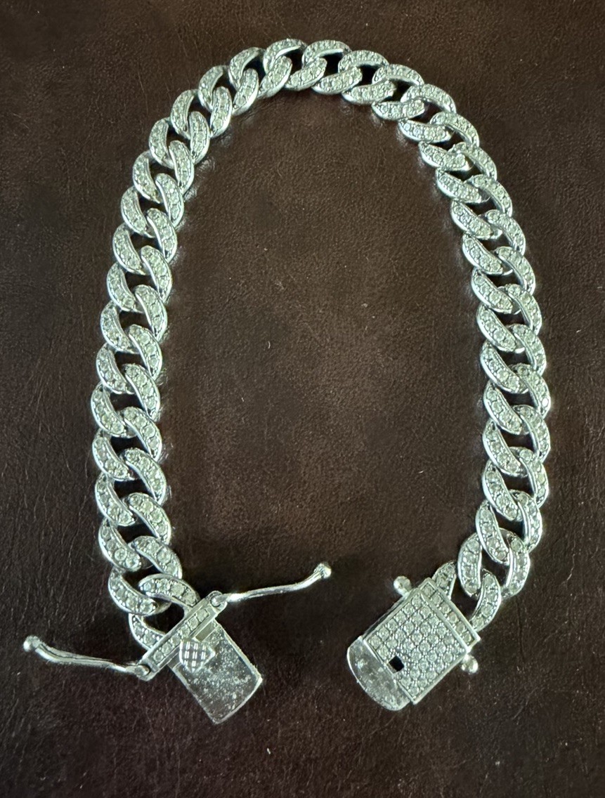 BSI 925 Sterling Silver Cuban Link Chain Cubic Zirconia Bracelet Signed