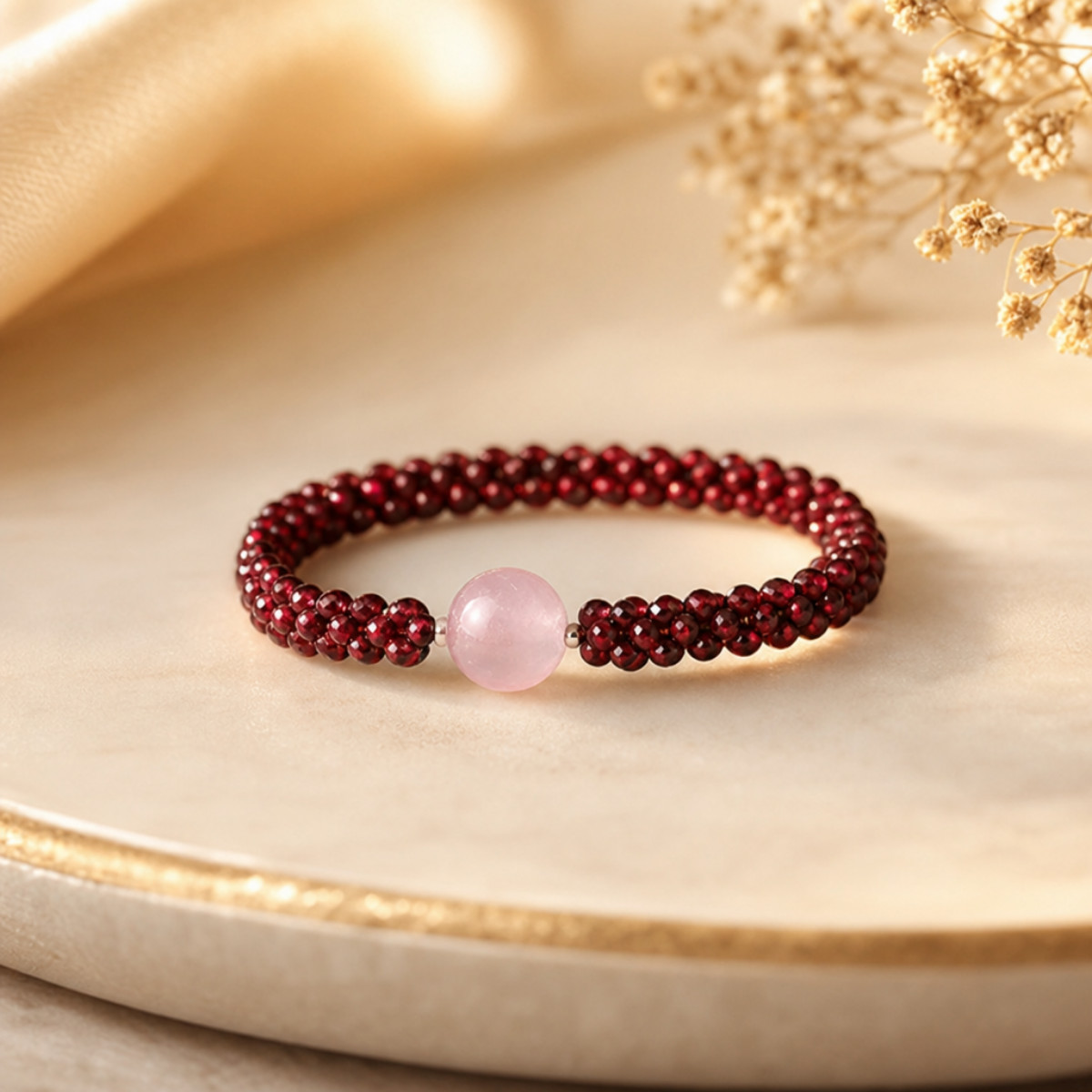Natural Red Garnet Rose Quartz Beaded Bracelet Handmade Reiki Healing Women