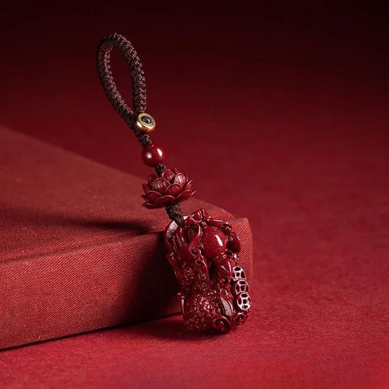 Cinnabar Lotus Pixiu Key Chain Jewellery Carved Fashion Chinese Charm Amulet