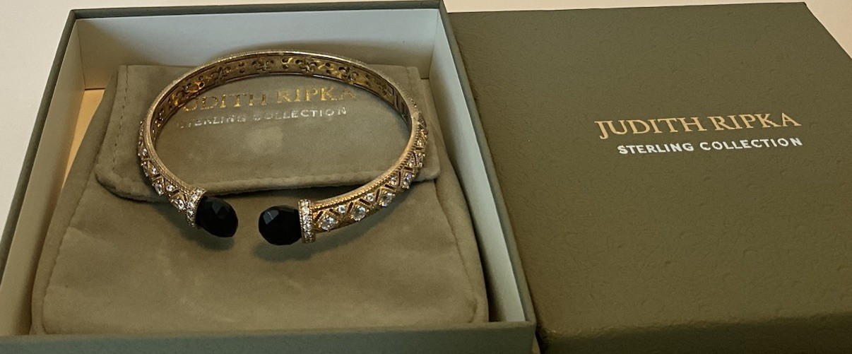 Judith Ripka 925 Silver Black Spinel Diamonique Hinged Cuff Bracelet Box