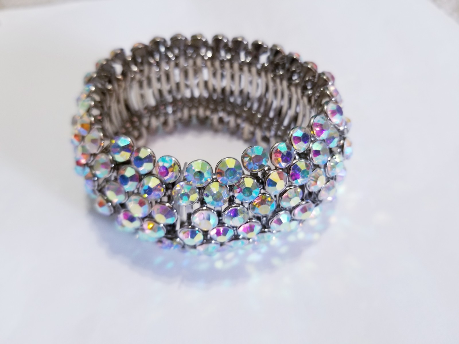 Iridescent Silver Rhinestone Stretch Bracelet Crystal Pageant Prom Drag Jewelry