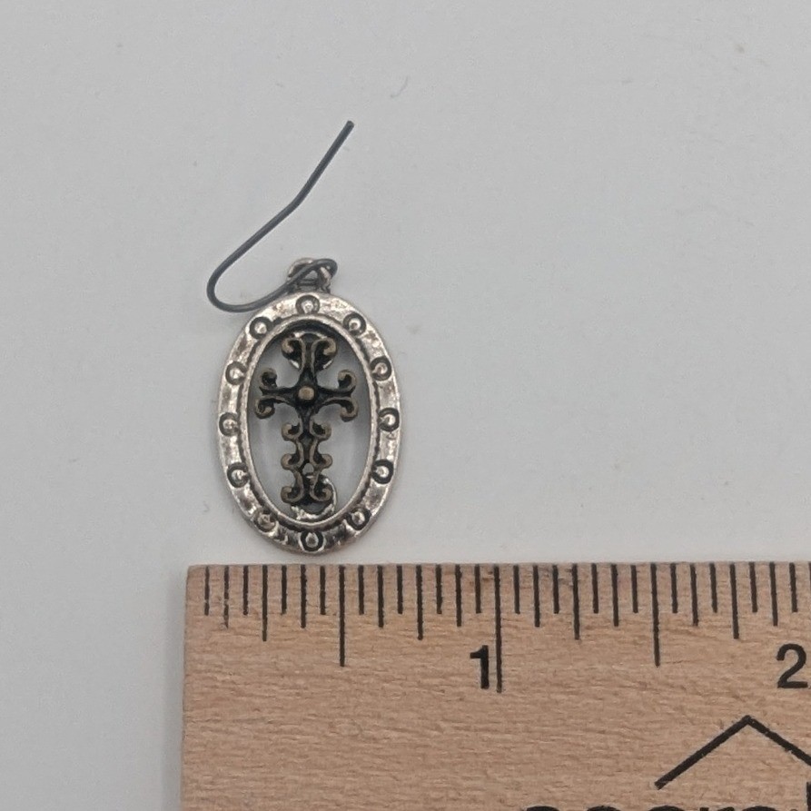 Vintage Silver Tone Filigree Cross Oval Drop Earrings Gothic Religious Dangle
