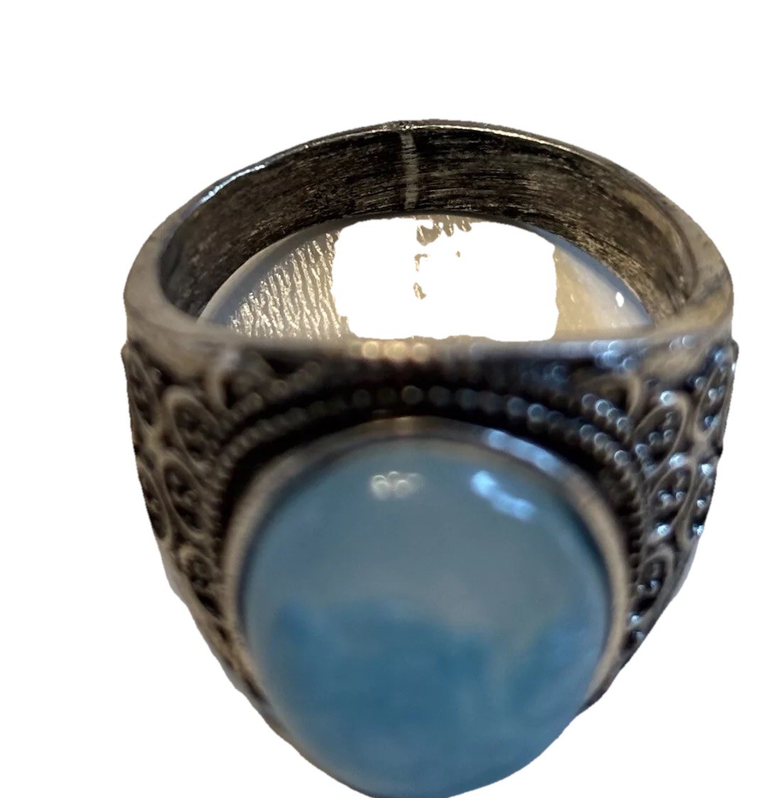 Blue Gemstone Statement Ring Silver Plated Court Style Sz 11 Larimar