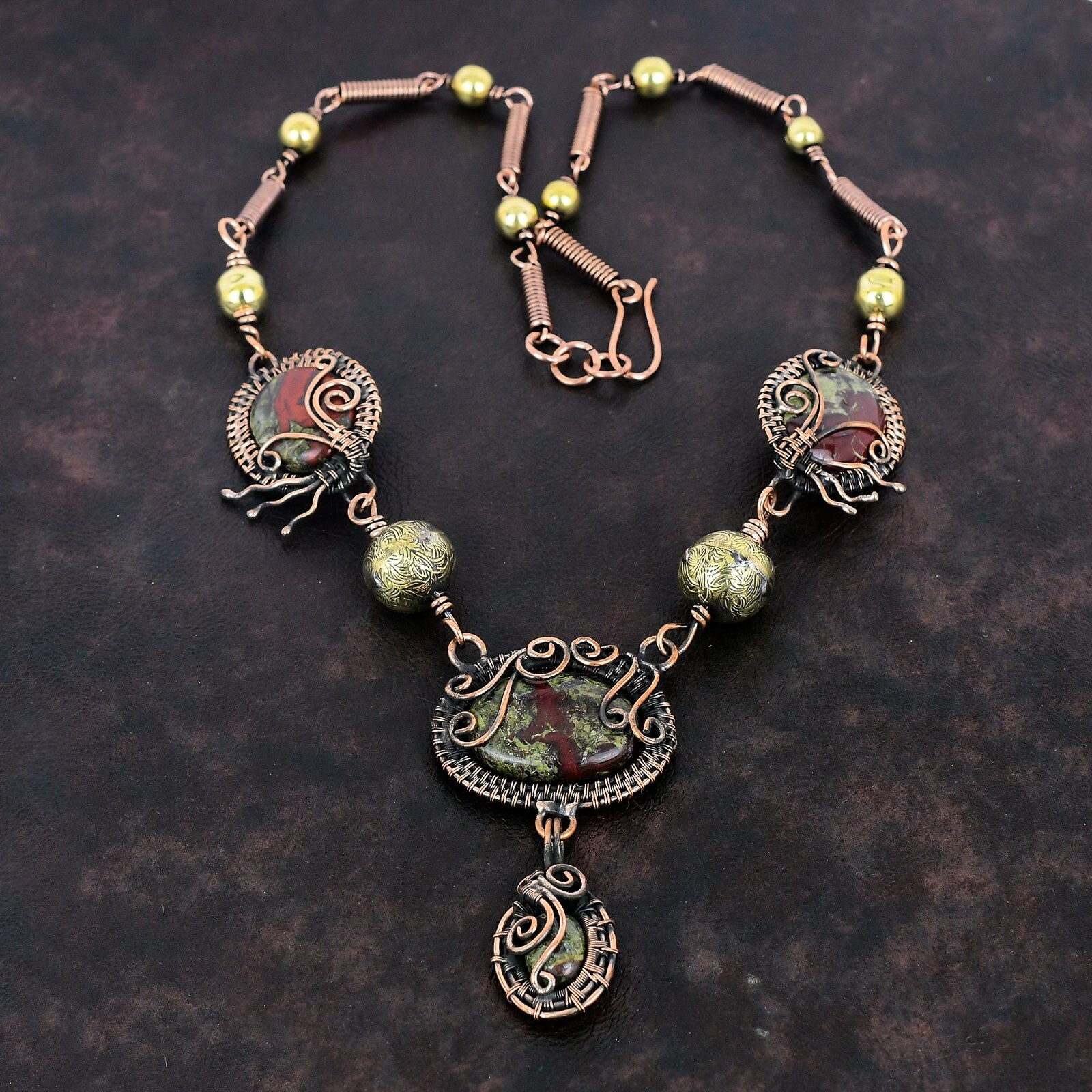 Dragon Bloodstone Wire Wrapped Chain Adjustable Necklace Copper For Women 18.0″