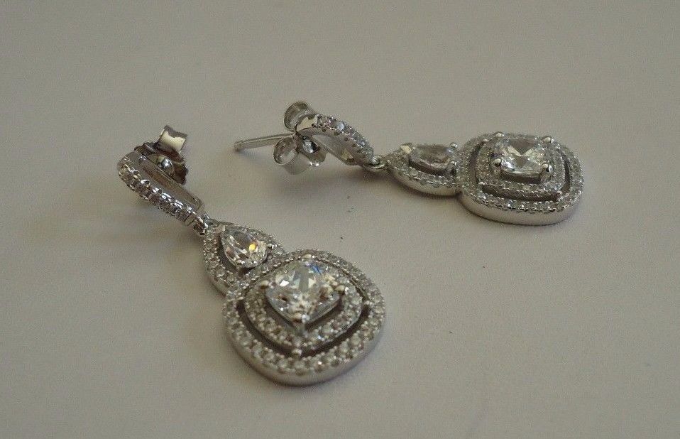 925 STERLING SILVER CLEAR TEARDROP SQUARE DANGLING EARRINGS W/ 4 CT LAB STONES