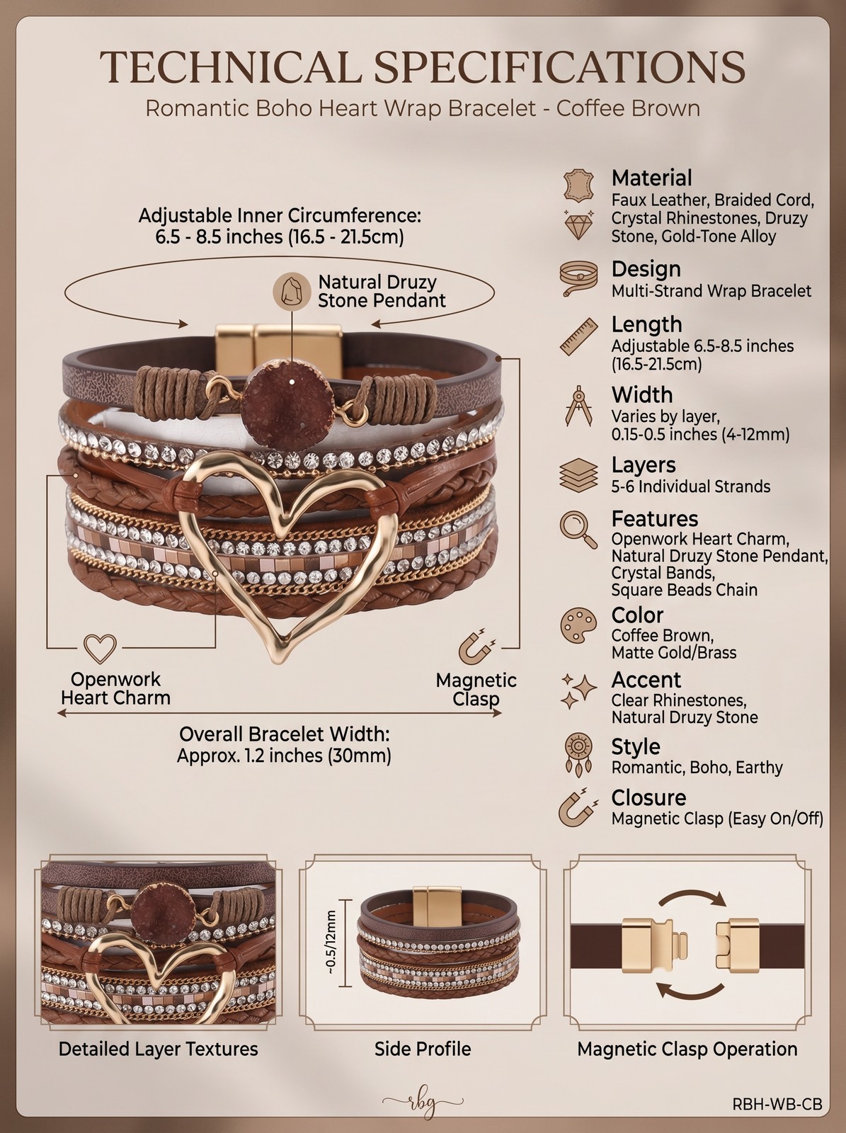 Romantic Boho Heart Wrap Bracelet – Coffee Brown Multi-Strand Leather w/ Stone