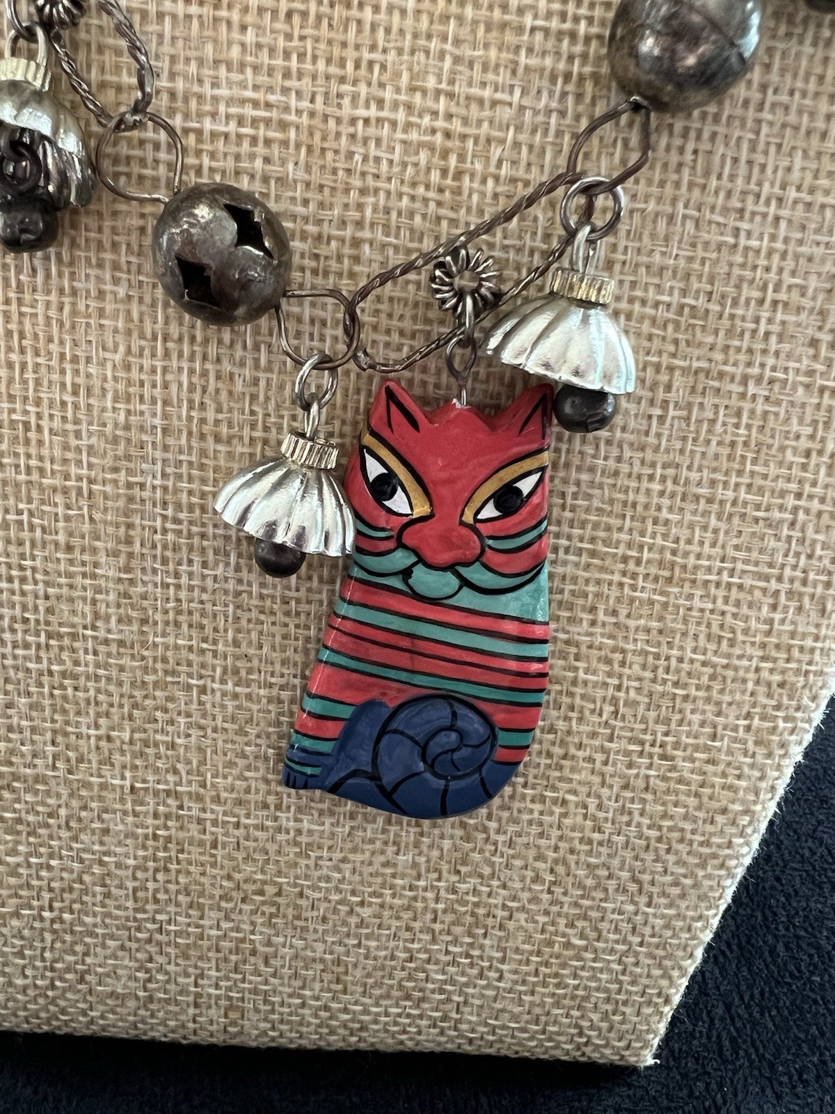 Silver Tone Metal Laurel Burch Style Handmade Necklace Wooden Handpainted Cats