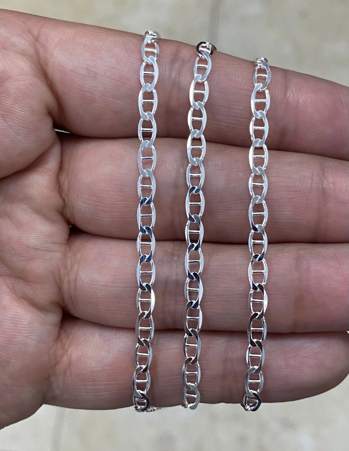 Solid 925 Sterling Silver 3.5MM Flat Anchor Marina Link Chain Necklace Italy