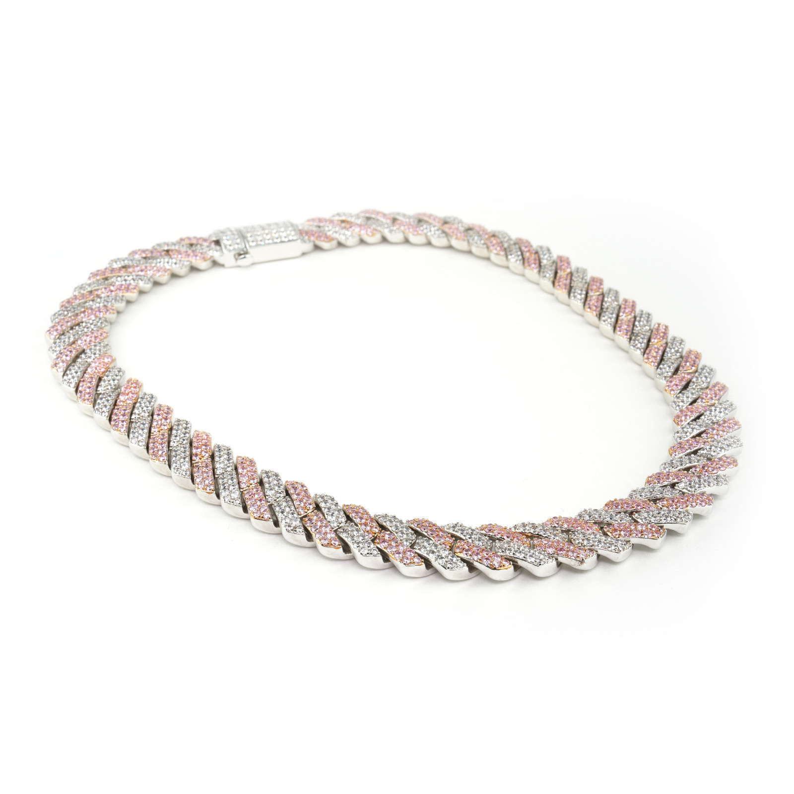 Pink & White Studded White Gold Curb Chain
