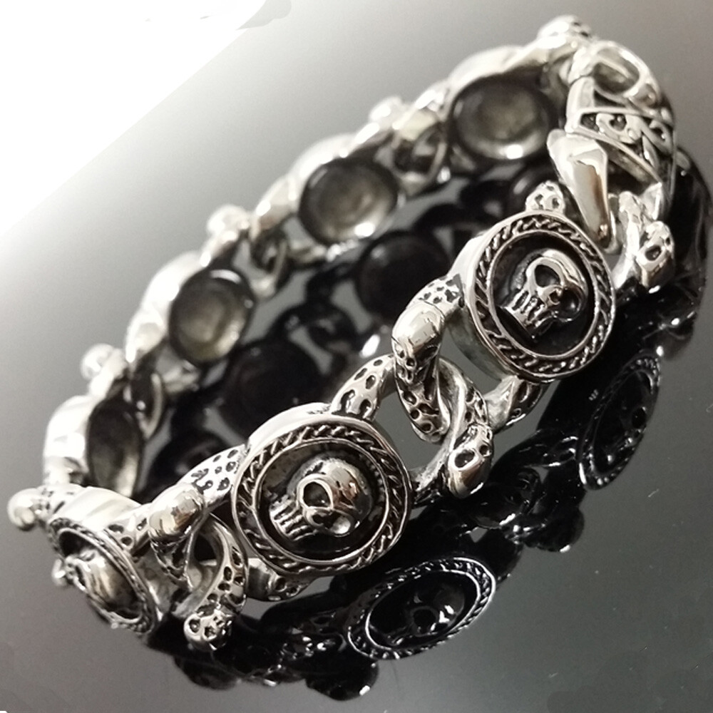 Stainless Steel Silver Black Skull Link Chain Gothic Men Bracelet 8.66″ 15.5mm