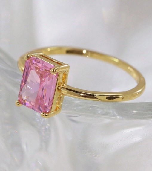Emerald Cut 2.12CT Simulated Pink Tourmaline Engagement Ring In 10K Yellow Gold