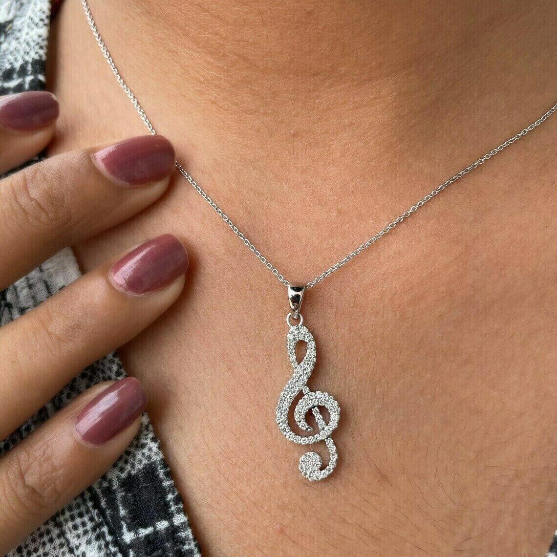 2 Ct Round Simulated Diamond Music Note Pendant 14K White Gold Plated 18”Chain