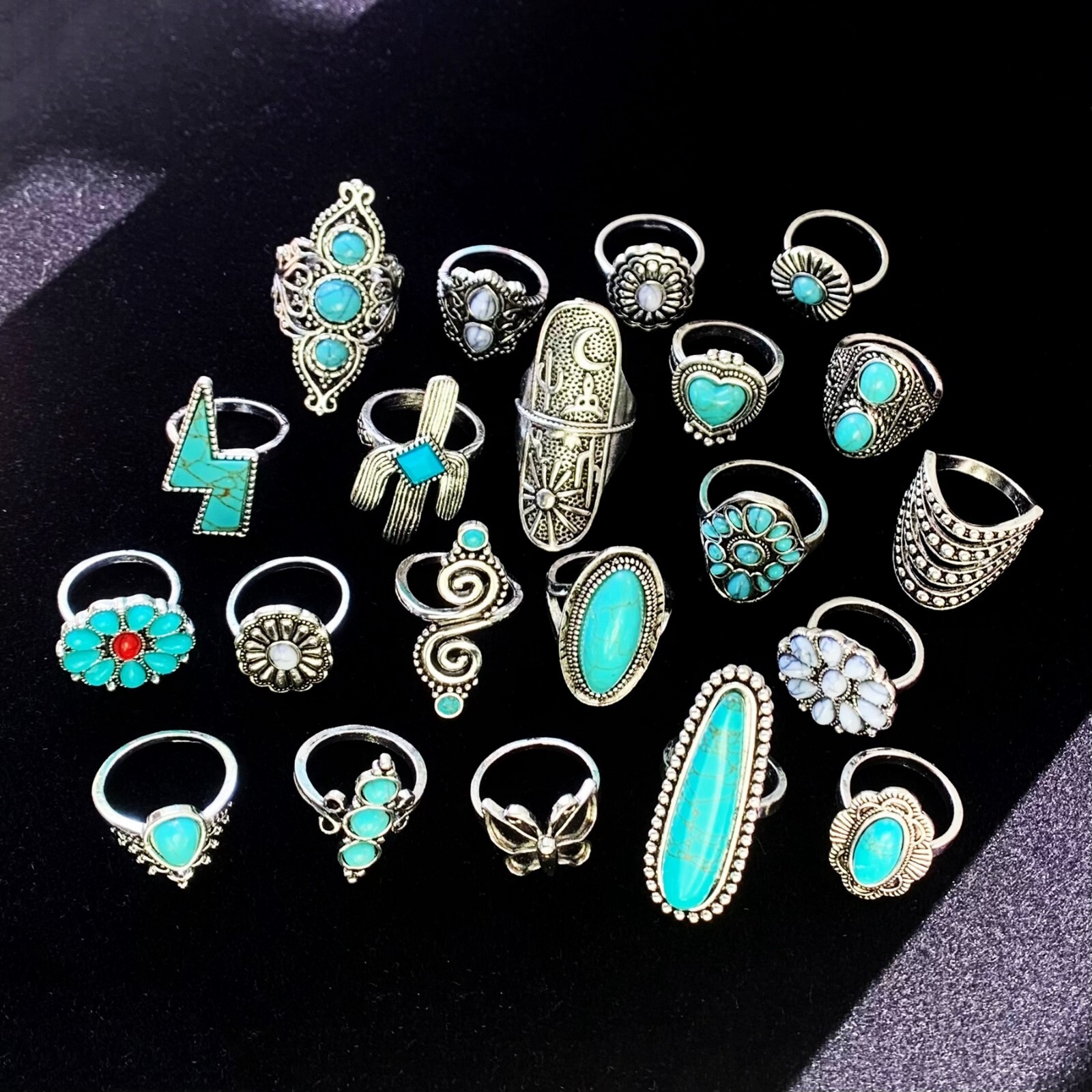 Bulk Lot 50pcs Bohemia Turquoise Stone Vintage Rings Women Silver Plated Jewelry