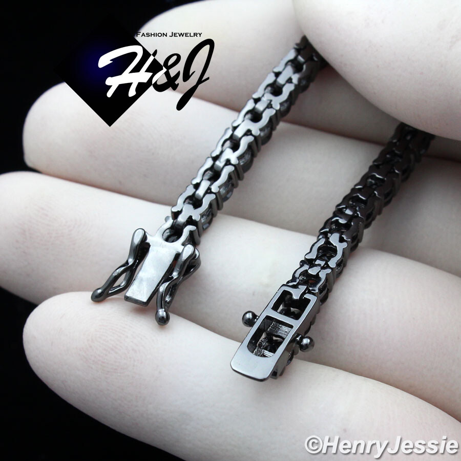 8″MEN 14K BLACK GOLD PLATED ICY BLING CZ 4MM 1 ROW TENNIS CHAIN BRACELET*BB2