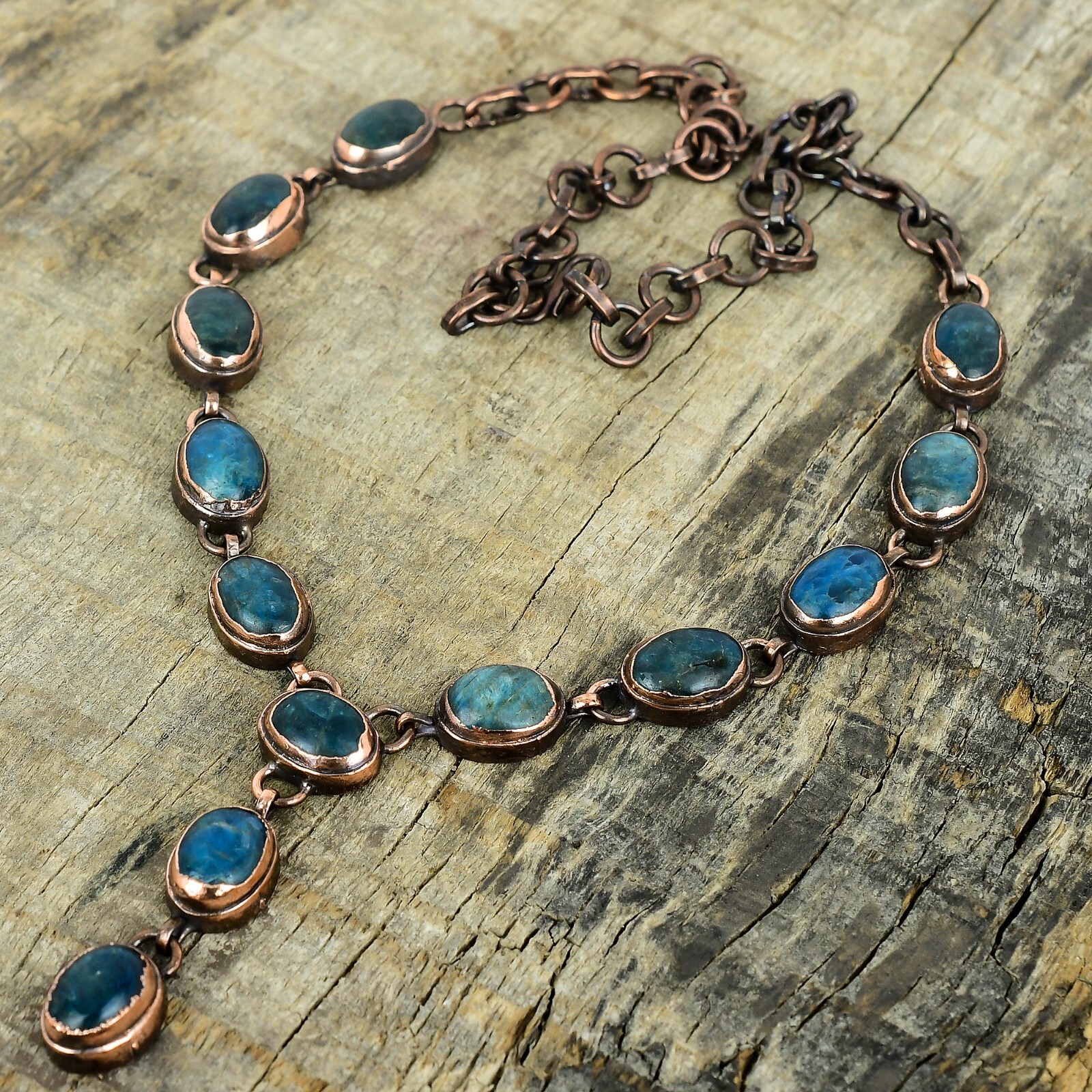 Copper Oval Neon Apatite Gemstone Chain Electroformed Artisan Necklace Jewelry