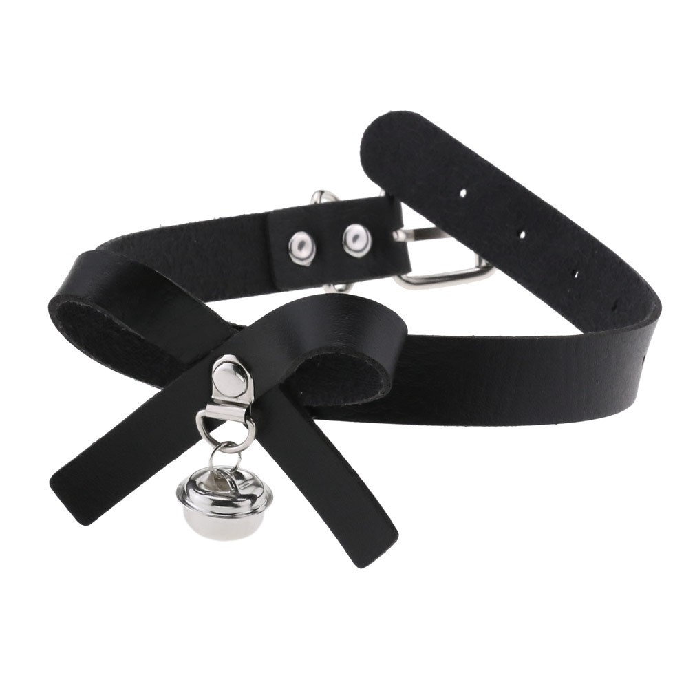 Gothic Punk Leather Choker Collar with Bowknot Bell Buckled Necklace Club Party