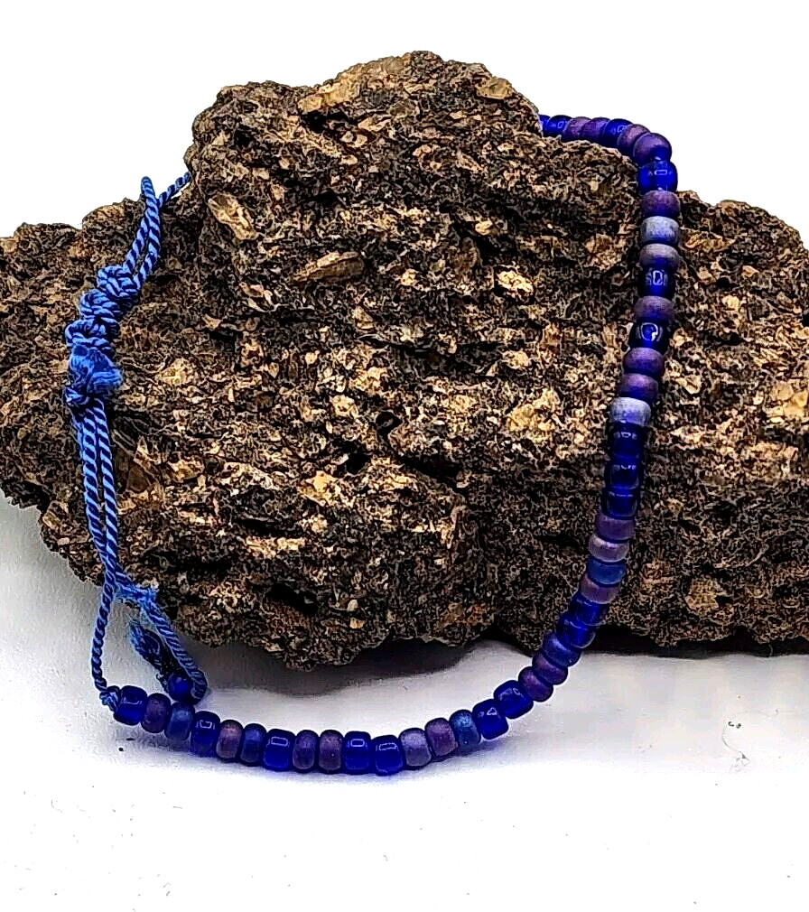 Blue Beaded Anklet Bracelet Silk Cord Adjustable Glass Beads Beachy BOHO Artisan