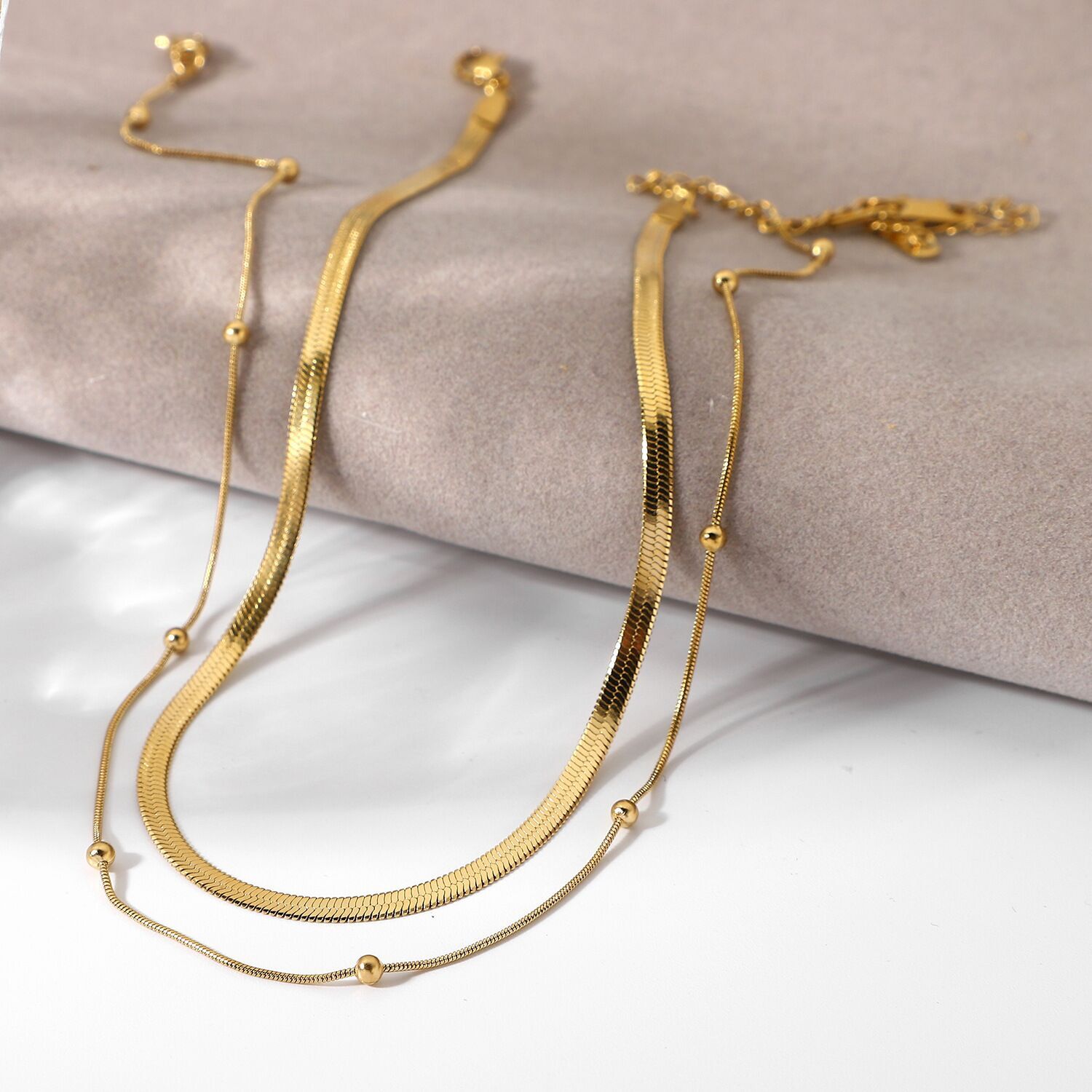 Set Woman 14k Gold Plated 2 Layer Herringbone Snake Chain Beaded Anklet/Necklace