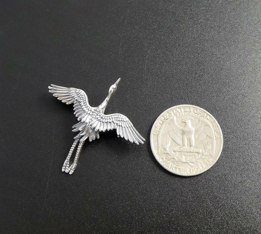 Unique Sterling Silver Open Wing Flying Egret Stork Bird Brooch Pin Fine Details