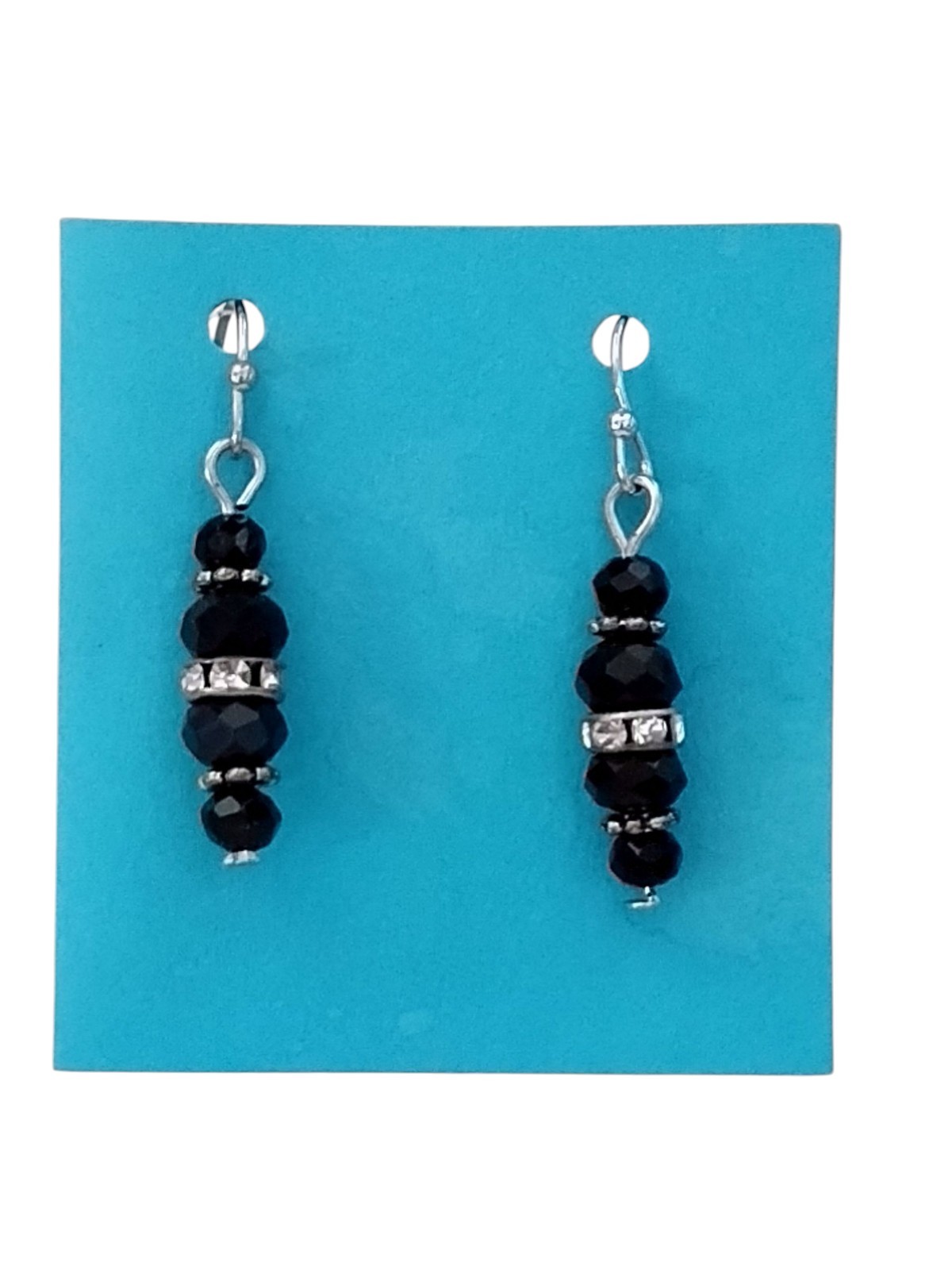 Handcrafted SILVERTONE BLACK BEADS Dangle Earrings HYPOALLERGENIC LOOPS STOPPERS