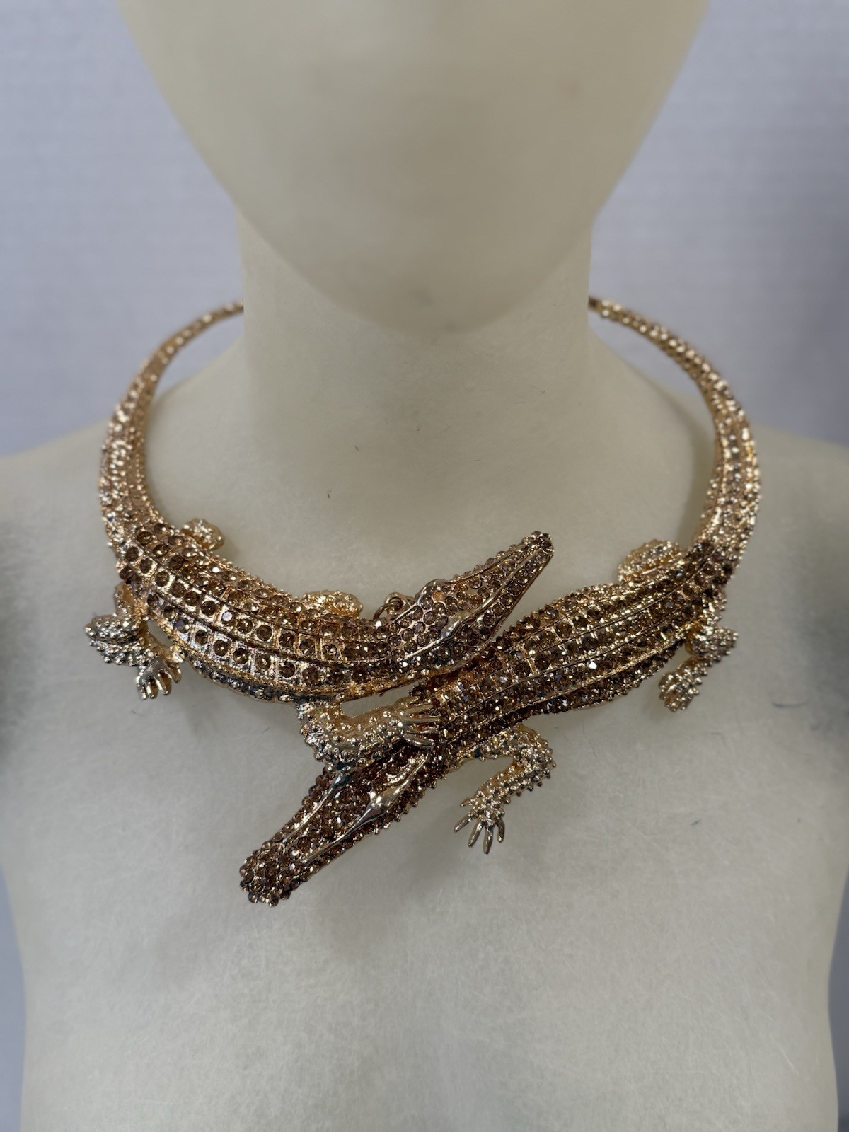 Gold Metal Crocodile Necklace With Gems