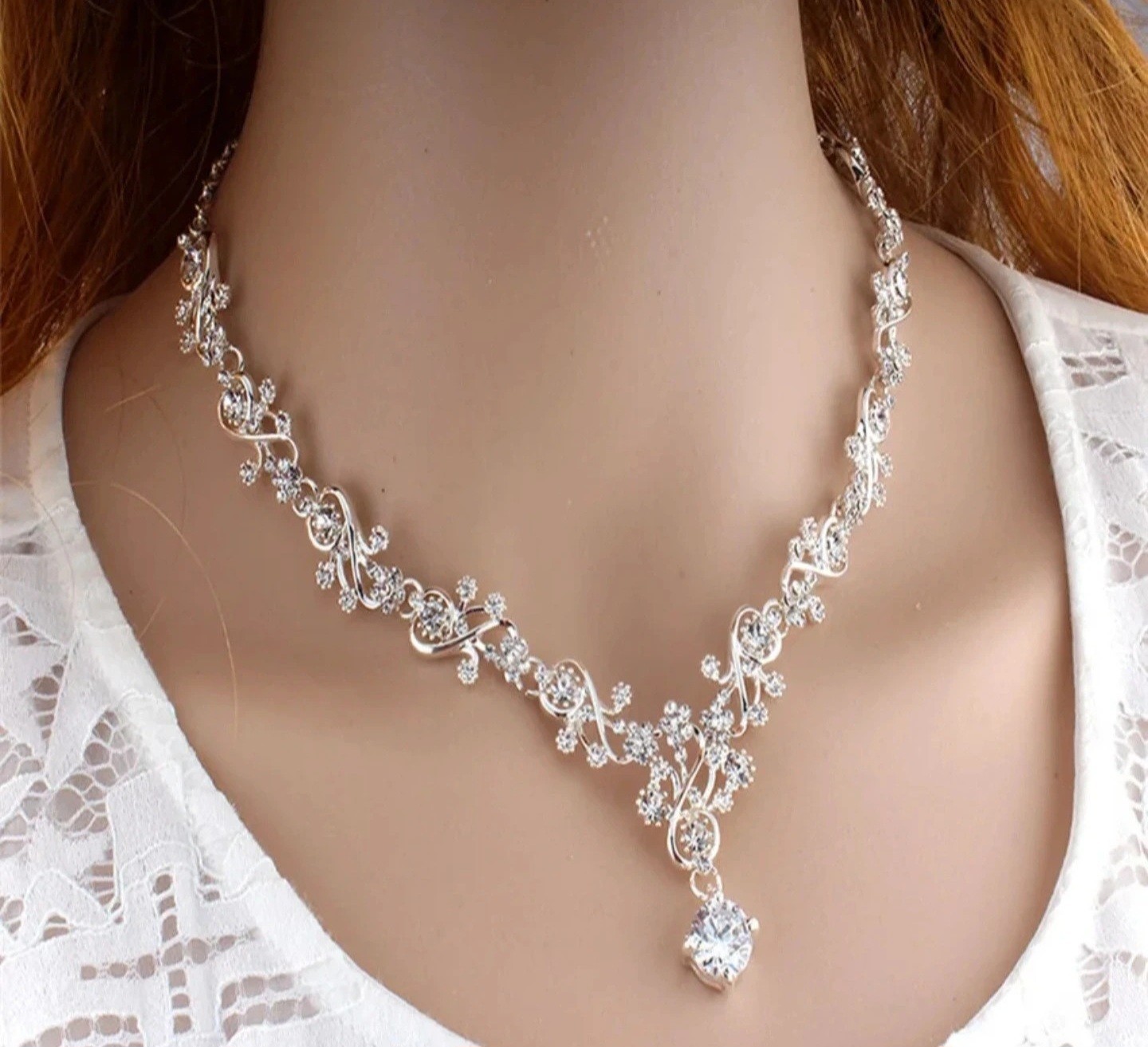 Silver Plated Clear Rhinestone Adjustable Necklace & Earrings Set