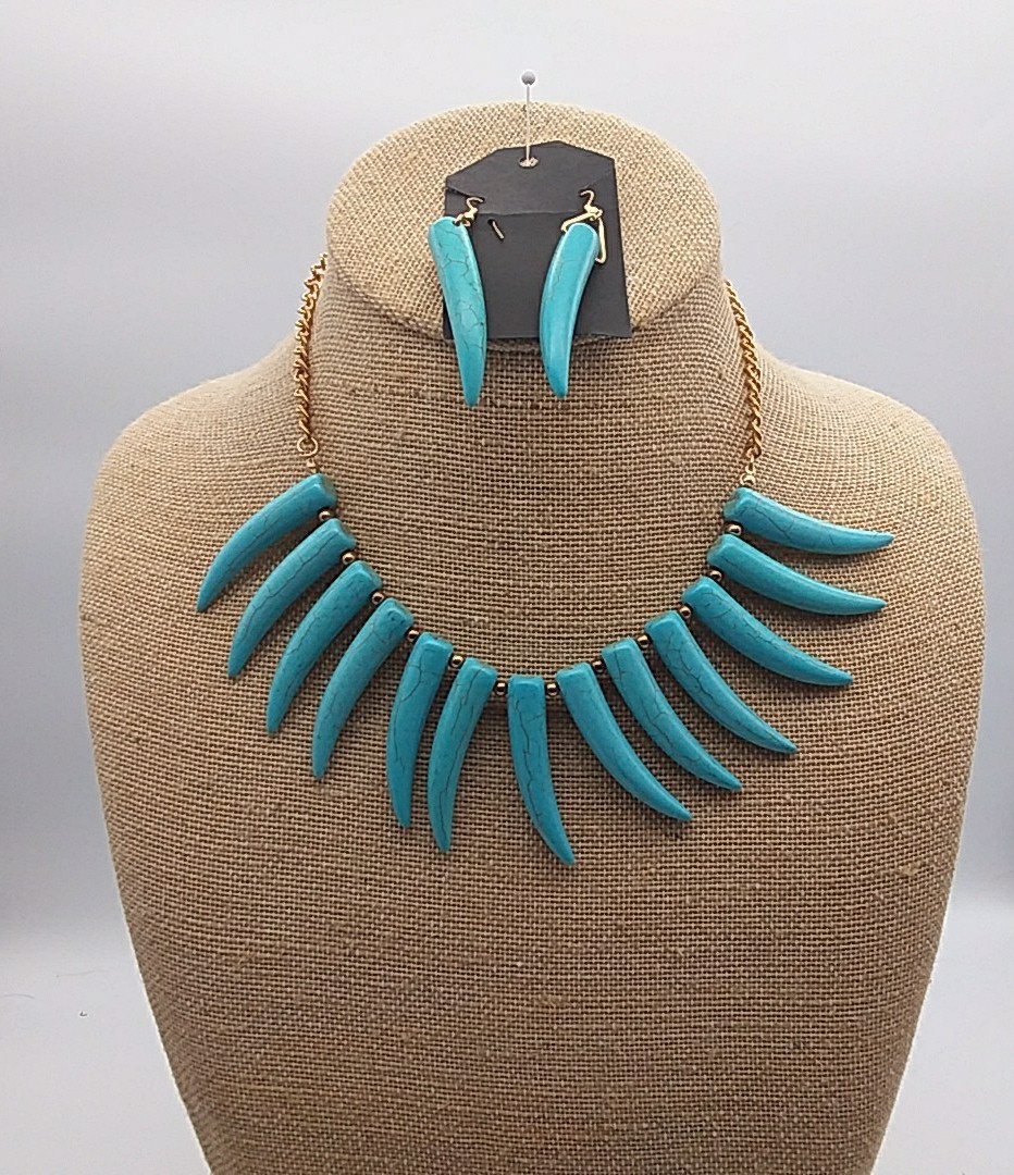 Southwestern Inspired Faux Turquoise Spike Necklace Earring Boho Western Howlite