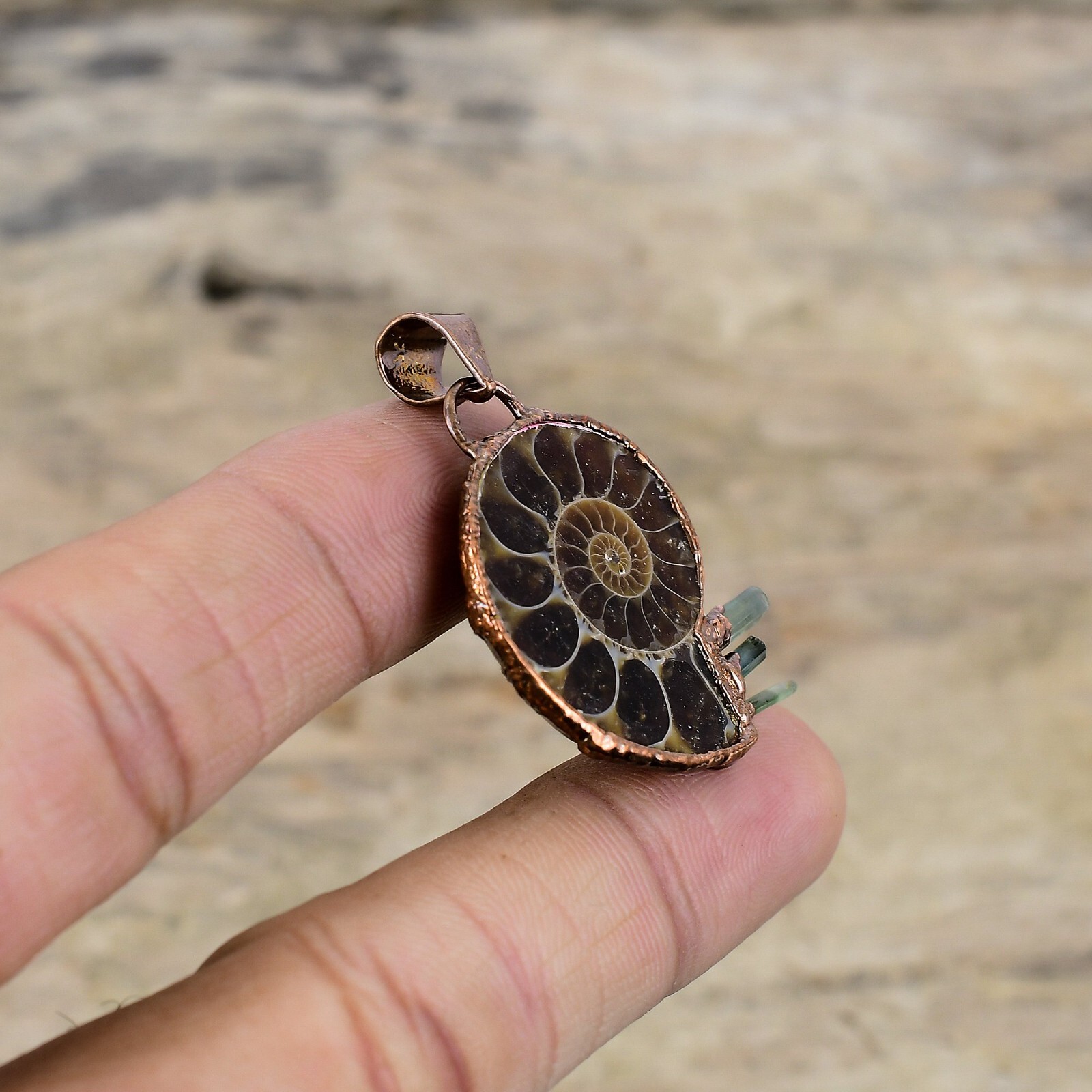 Ammonite Fossil Stone Aquamarine Rough Copper Electroformed Wife Pendant Jewelry