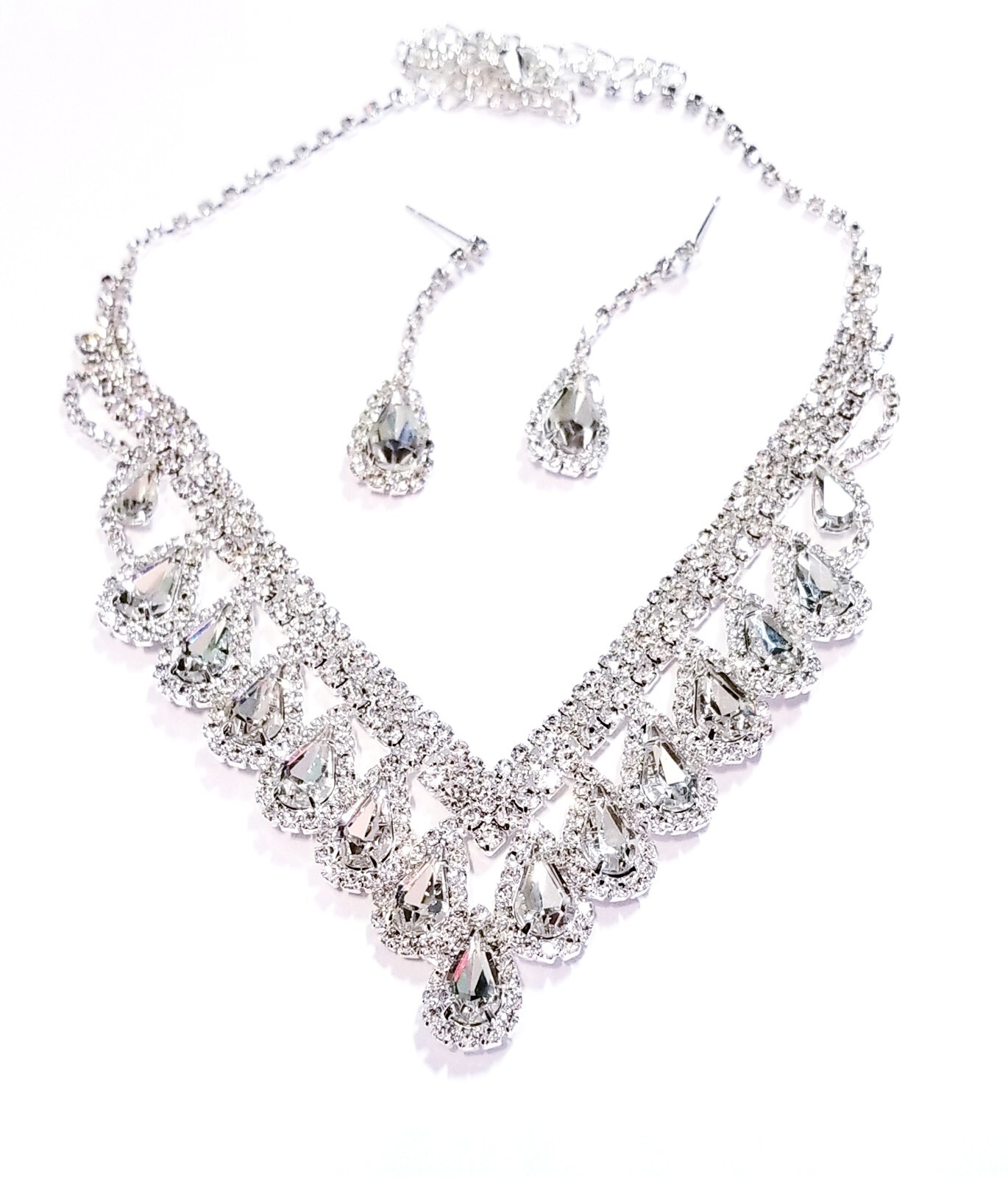 Clear Rhinestone Necklace Earring Set Bridal Prom Pageant Statement Drag Queen