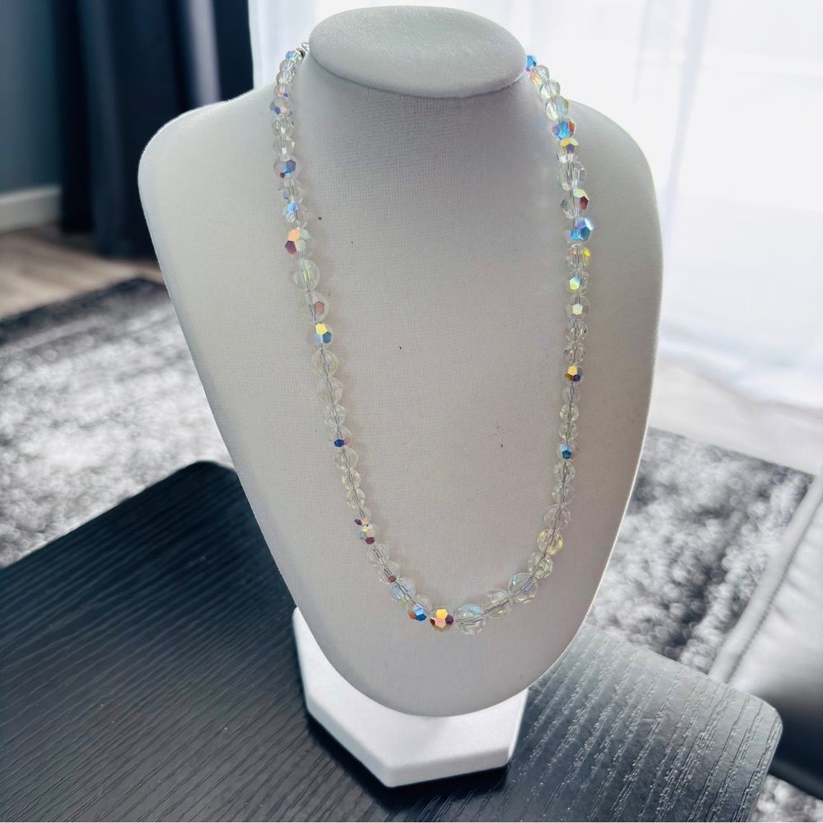 Aurora Borealis Crystal Beaded Necklace Clear AB Sparkle 16”