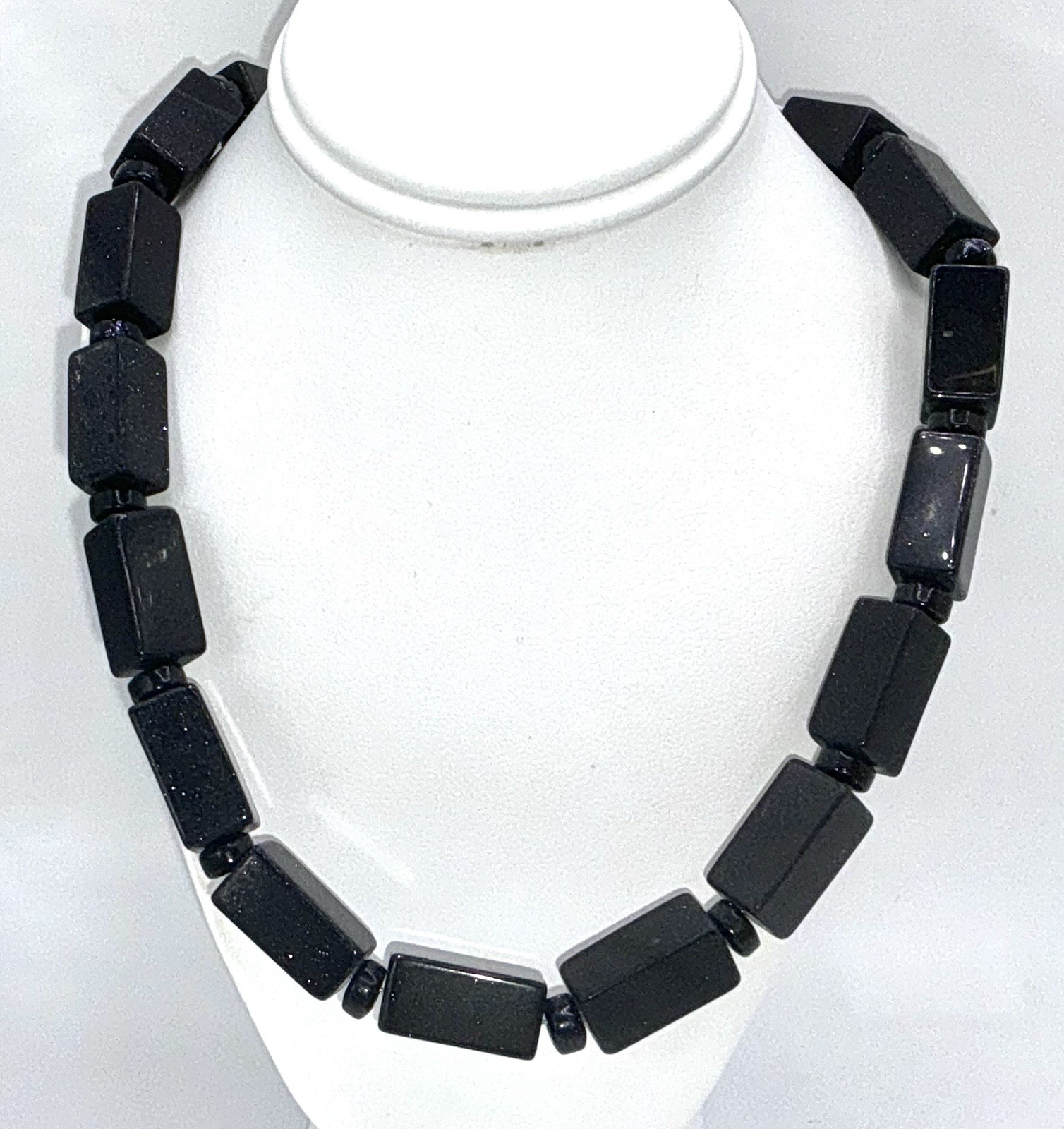 Blue Goldstone Necklace With Flat Cylinder Beads & Disk For Spacers 24” Long