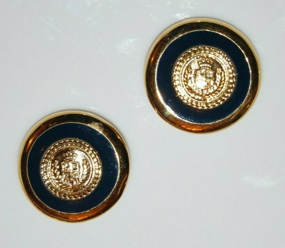 Liz Clairborne Couture Large Round Black Enamel Crest Logo Golden Clip Earrings