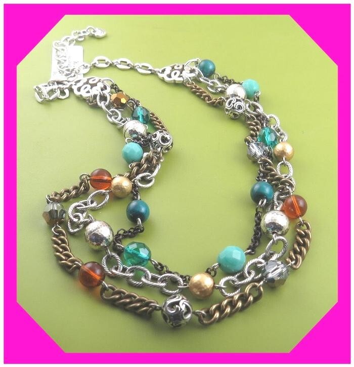 BRIGHTON FOXFIRE Multi Colors Beads Silver Triple Strand NECKLACE NWtag $102 75%