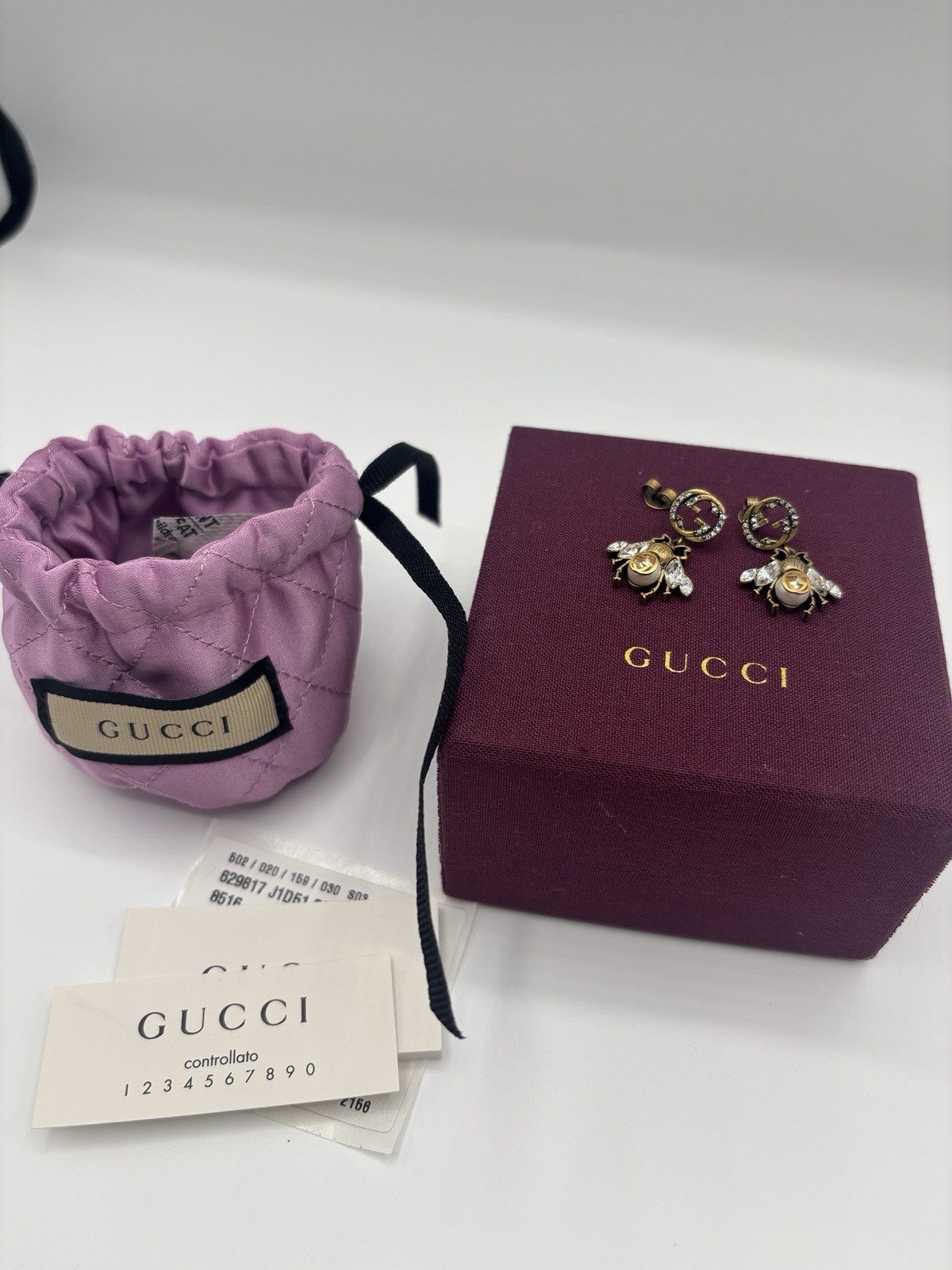 GUCCI Earrings Limited Vintage Rare AUTH Logo Gold Bee Motif Pearl Rhinestone Gp