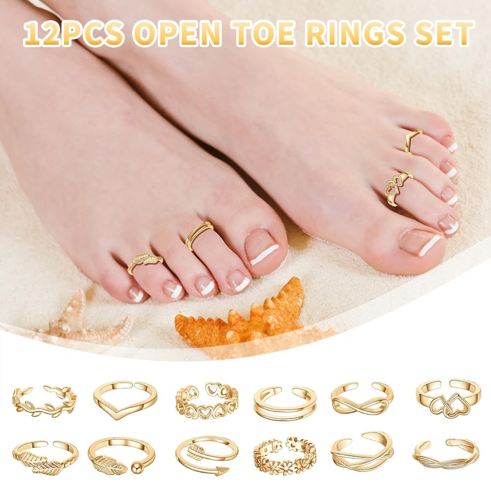 12PCS Gold Plated Toe Rings for Adjustable Open Toe Rings Set Foot Ring Set P…